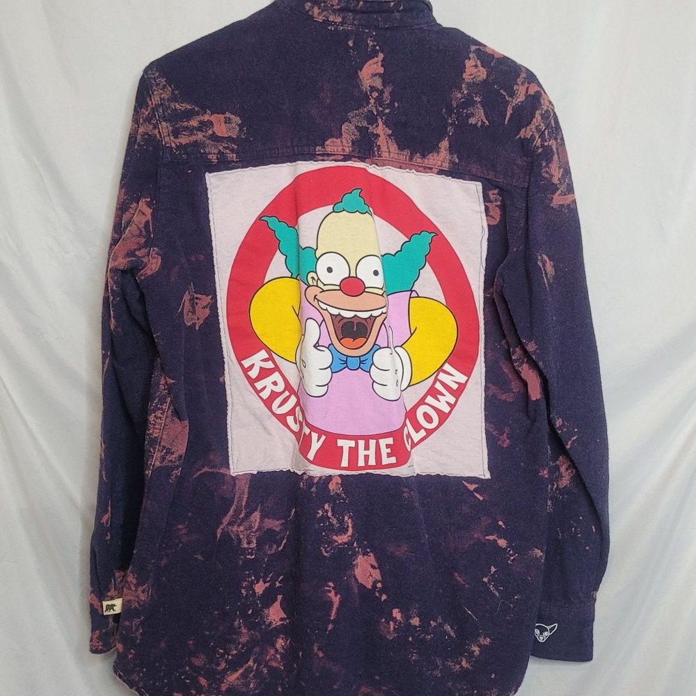 Krusty The Clown Simpsons Upcycle Bleached Flannel Shirt Adult Med